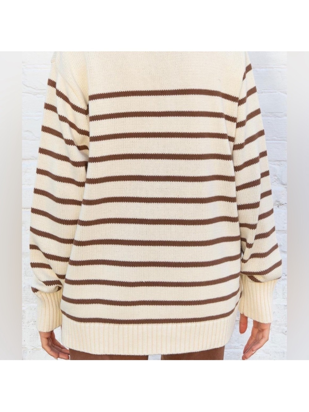Brandy Melville Cream and Brown Striped Crewneck Sweater